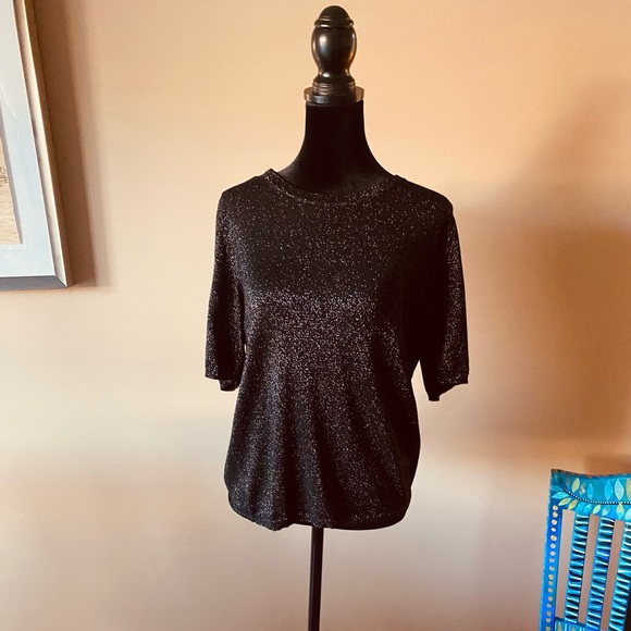 Talbots Large short sleeve black/silver knit pullover with rhinestone buttons. - Picture 1 of 5